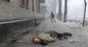 A victim of the Ukrainian bombardment of Donetsk on Jan 30, 2015. According to OSCE reports, the death toll of the civil conflict in the East of Ukraine has exceeded 5000 people.