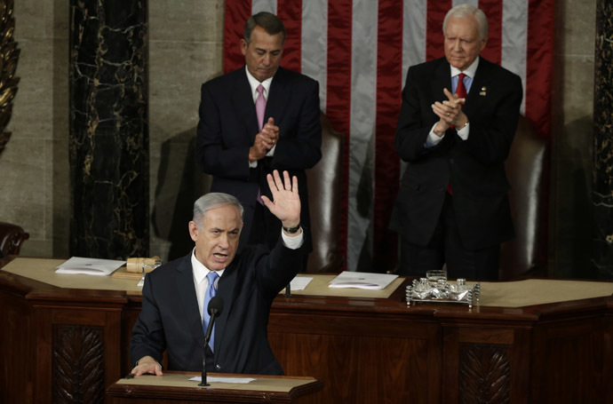 Israeli Prime Minister Netanyahu acknowledges applause at the end of his speech to joint meeting of Congress on Capitol Hill in Washington