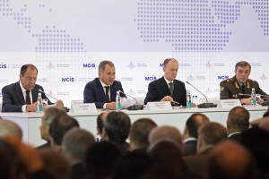  From left to right: Foreign Minister Sergey Lavrov, Defense Minister Sergey Shoigu, Security Council Secretary Nikolai Patrushev, and Chief of the General Staff Valery Gerasimov opening the MCIS (RIA Novosti/Iliya Pitalev)